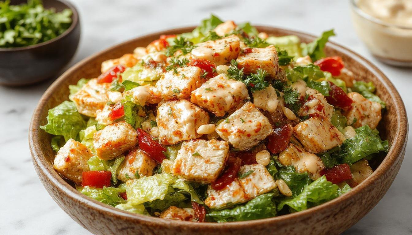 A vibrant bowl of Thai Chicken Salad featuring shredded chicken, colorful vegetables like carrots and bell peppers, topped with crushed peanuts and fresh herbs. The creamy dressing glazes the salad, highlighting its freshness and texture, presented on a rustic wooden table with a fork and lime wedge nearby.