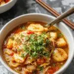 A steaming bowl of vegan ramen noodles topped with fresh vegetables and herbs, showcasing a rich, flavorful plant-based broth.