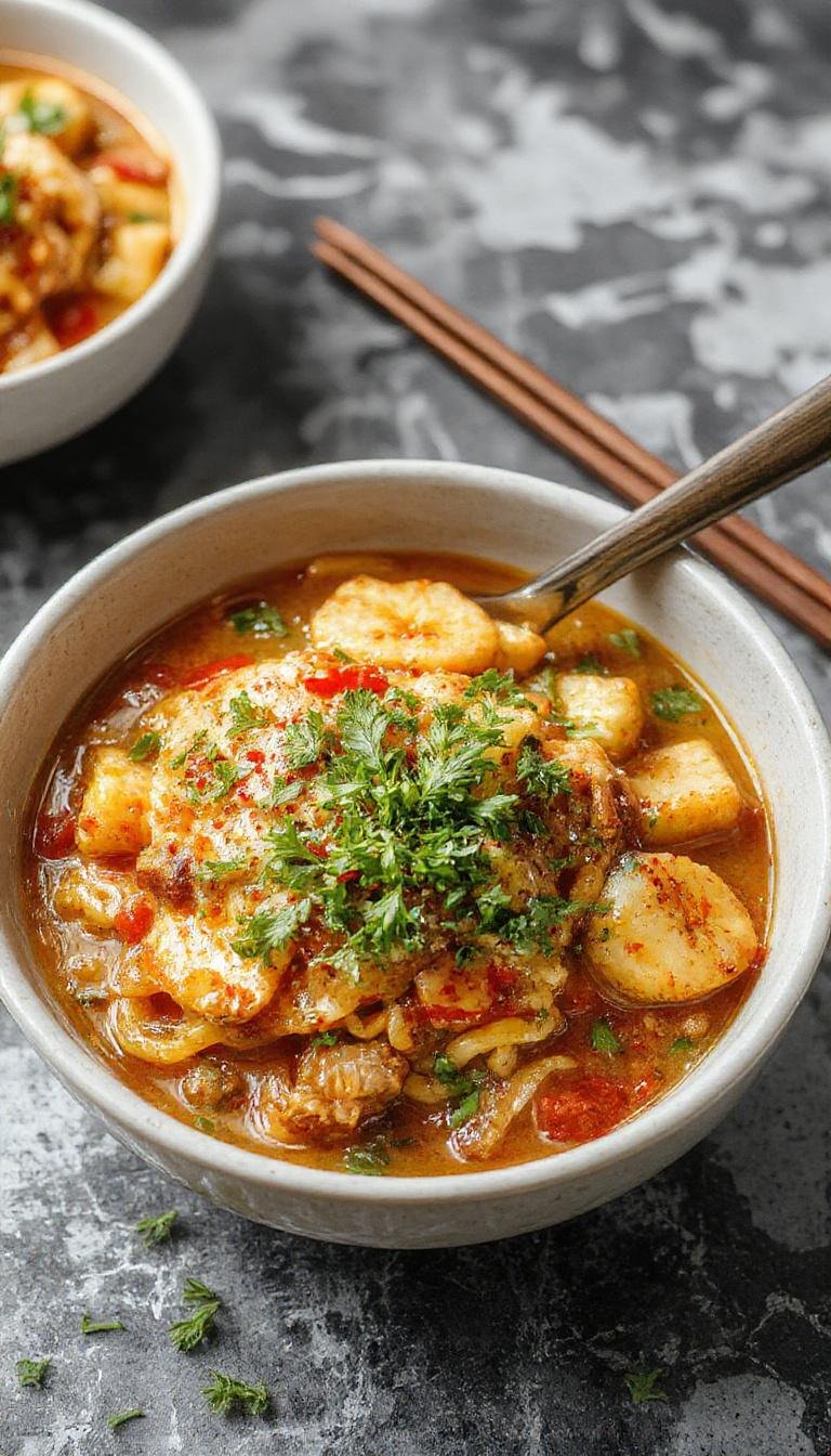 A steaming bowl of vegan ramen noodles topped with fresh vegetables and herbs, showcasing a rich, flavorful plant-based broth.