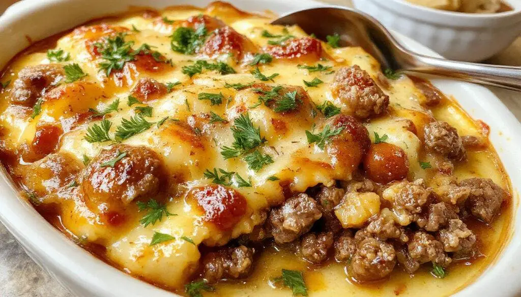 A hearty serving of Ground Beef and Potato Bake displayed on a rustic ceramic plate with a golden-brown crust, garnished with fresh herbs, surrounded by cooked vegetables, capturing a comforting, home-cooked vibe.