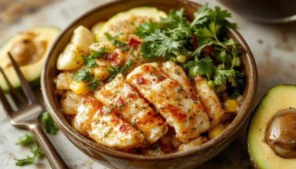 A vibrant chicken rice bowl topped with charred street corn kernels, garnished with fresh cilantro, lime wedges, and chili flakes. The bowl showcases golden grilled chicken slices, fluffy rice, and colorful vegetable accents, creating an inviting and lively presentation.