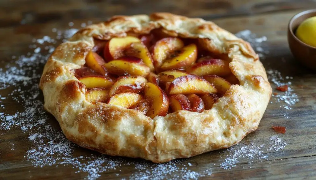 A golden-brown rustic peach galette with a crispy, flaky crust, generously filled with vibrant peach slices. The galette is casually arranged on a rustic wooden board with powdered sugar dusted over the top, and fresh peach slices and mint leaves garnishing the plate for a charming, inviting look.