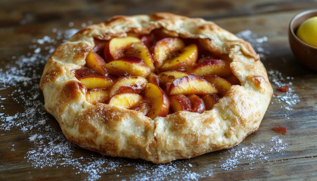 A golden-brown rustic peach galette with a crispy, flaky crust, generously filled with vibrant peach slices. The galette is casually arranged on a rustic wooden board with powdered sugar dusted over the top, and fresh peach slices and mint leaves garnishing the plate for a charming, inviting look.