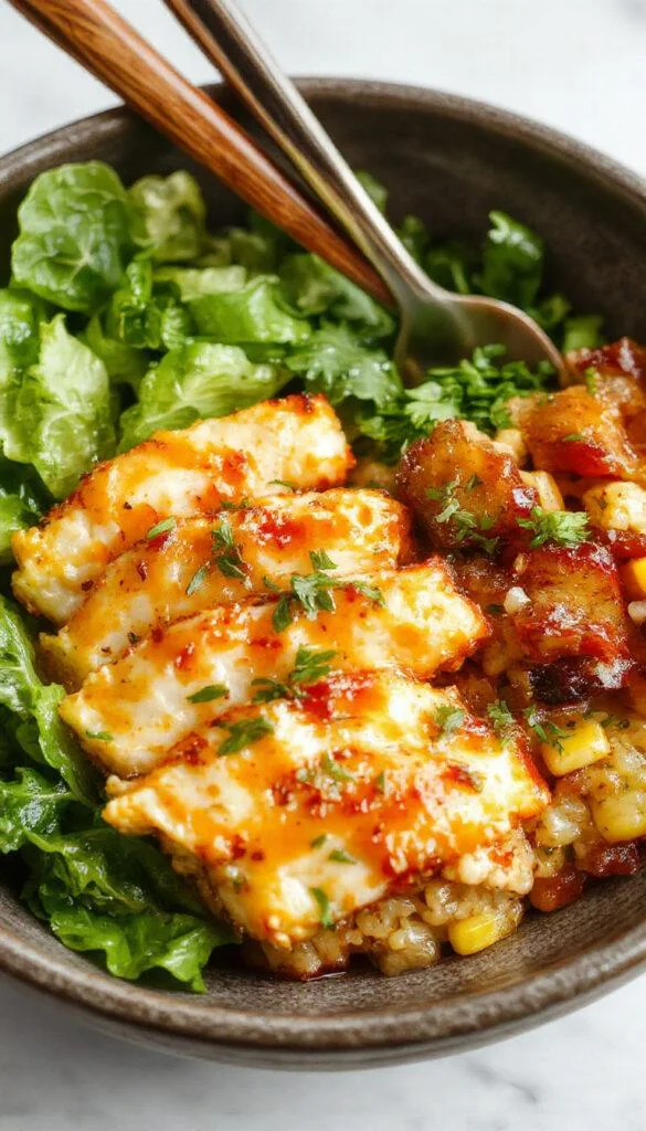 A vibrant chicken rice bowl featuring grilled chicken slices atop fluffy white rice, garnished with fresh cilantro, lime wedges, and colorful diced vegetables, presented in a modern ceramic bowl with a lime wedge on the side. The dish showcases crispy chicken with golden-brown edges, bright green herbs, and a drizzle of sauce, creating an inviting and appetizing scene.