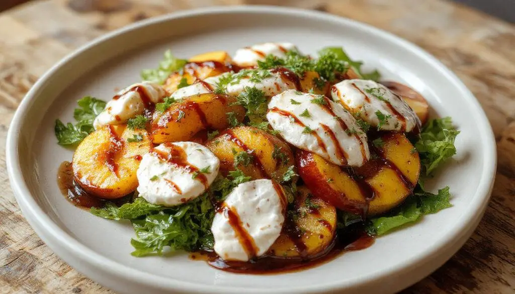 A vibrant plate featuring slices of ripe peach, creamy burrata cheese, and fresh green microgreens, drizzled with a glossy balsamic glaze, arranged artfully on a white porcelain plate with a rustic wooden table background.
