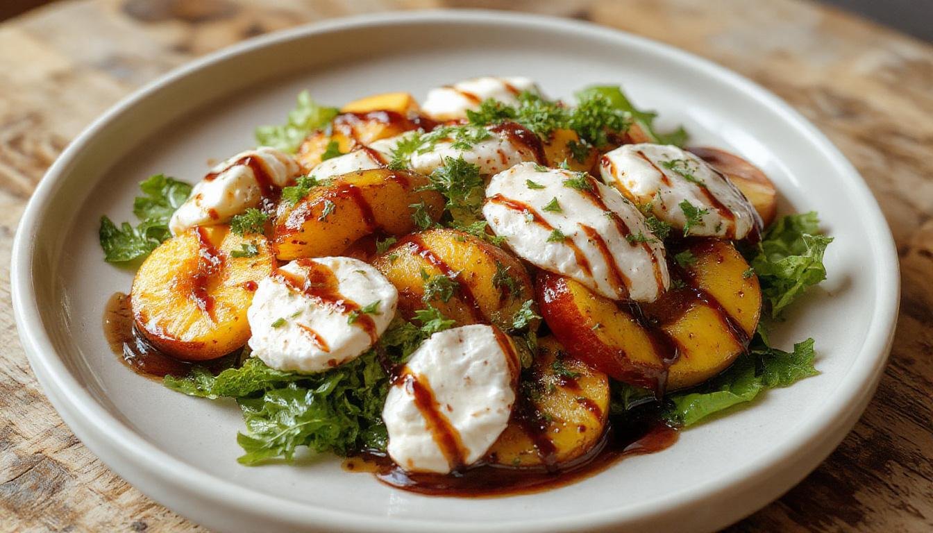 A vibrant plate featuring slices of ripe peach, creamy burrata cheese, and fresh green microgreens, drizzled with a glossy balsamic glaze, arranged artfully on a white porcelain plate with a rustic wooden table background.