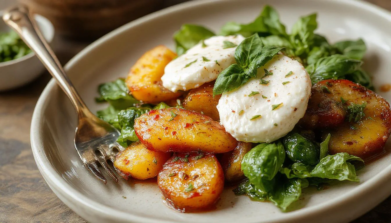 A vibrant, round white bowl filled with slices of ripe, juicy peaches, creamy burrata cheese, fresh basil leaves, and a drizzle of balsamic glaze. The peaches are golden-orange with a hint of red, contrasting beautifully with the bright green basil and the smooth, white cheese. The plating is clean and minimalist, emphasizing the fresh ingredients and elegant presentation.