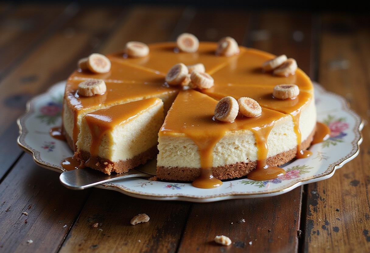 Serving the delicious Enchanted Harry Potter Butterbeer Cheesecake with caramel and butterscotch garnish.