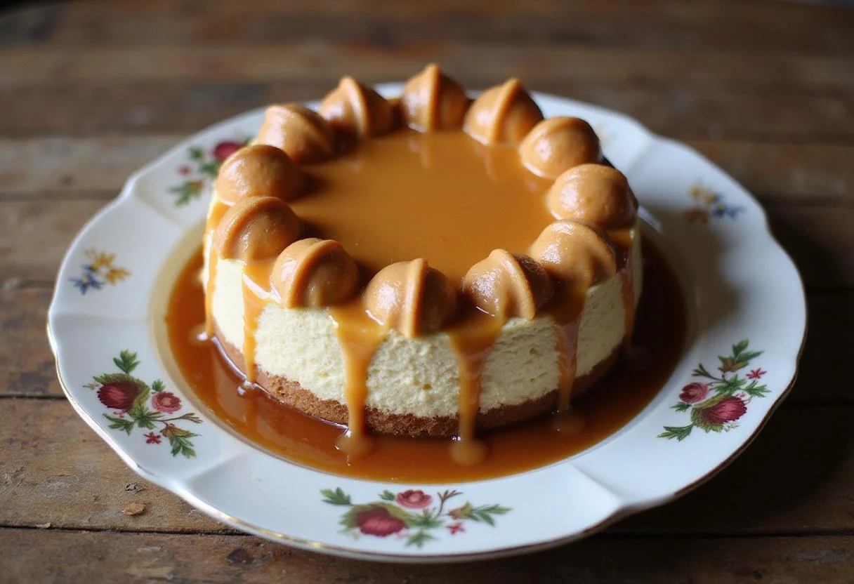 Serving the delicious Enchanted Harry Potter Butterbeer Cheesecake with caramel and butterscotch garnish.