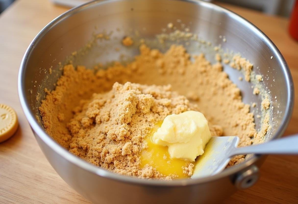 Creating the crust for Enchanted Harry Potter Butterbeer Cheesecake using crushed graham crackers and melted butter.