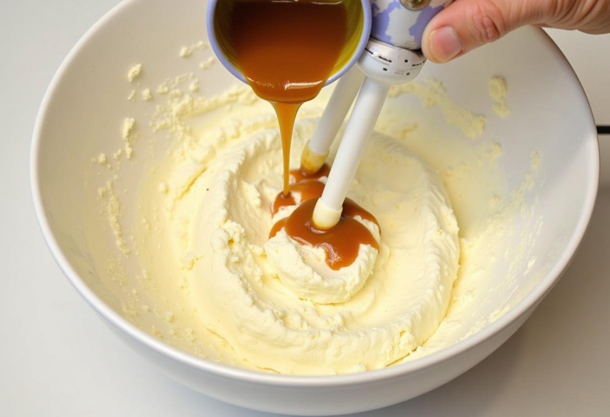 Mixing cream cheese, sugar, and butterscotch for Enchanted Harry Potter Butterbeer Cheesecake filling.