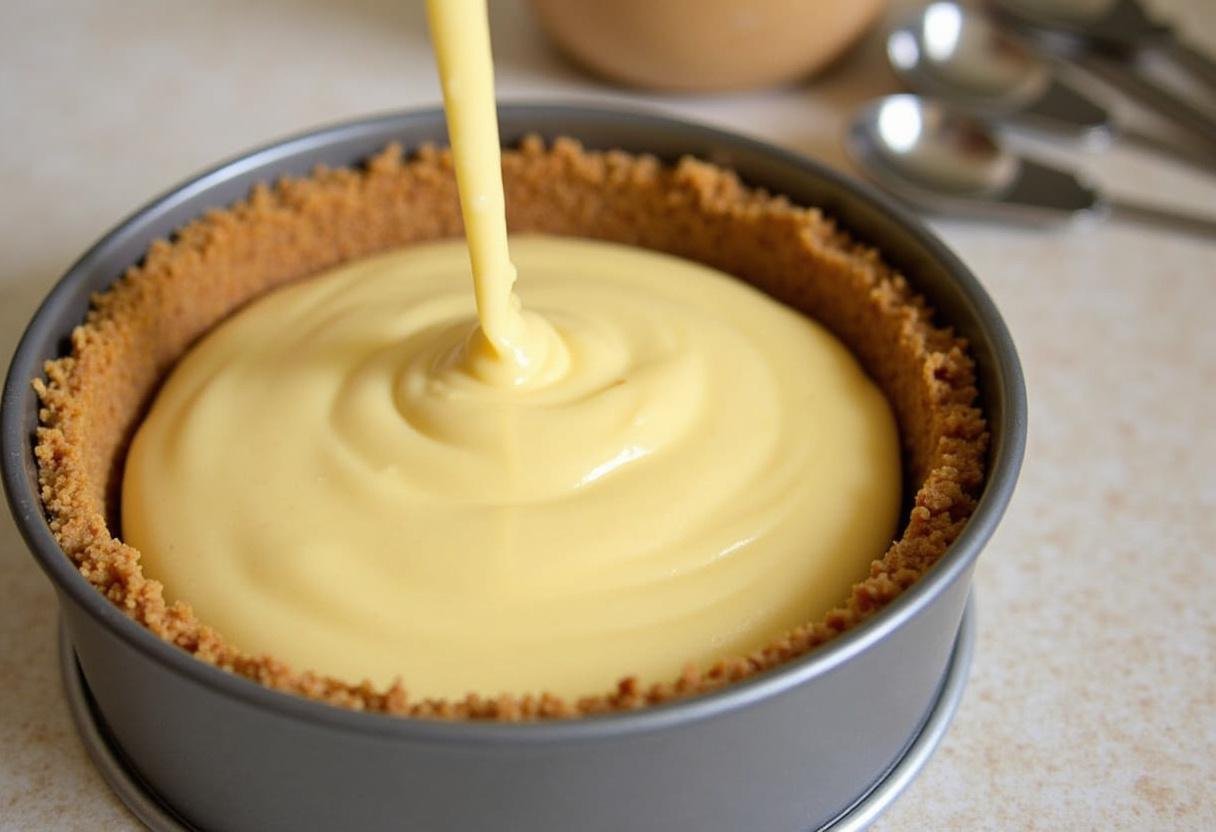 Pouring the rich cheesecake mixture for Enchanted Harry Potter Butterbeer Cheesecake into the crust.