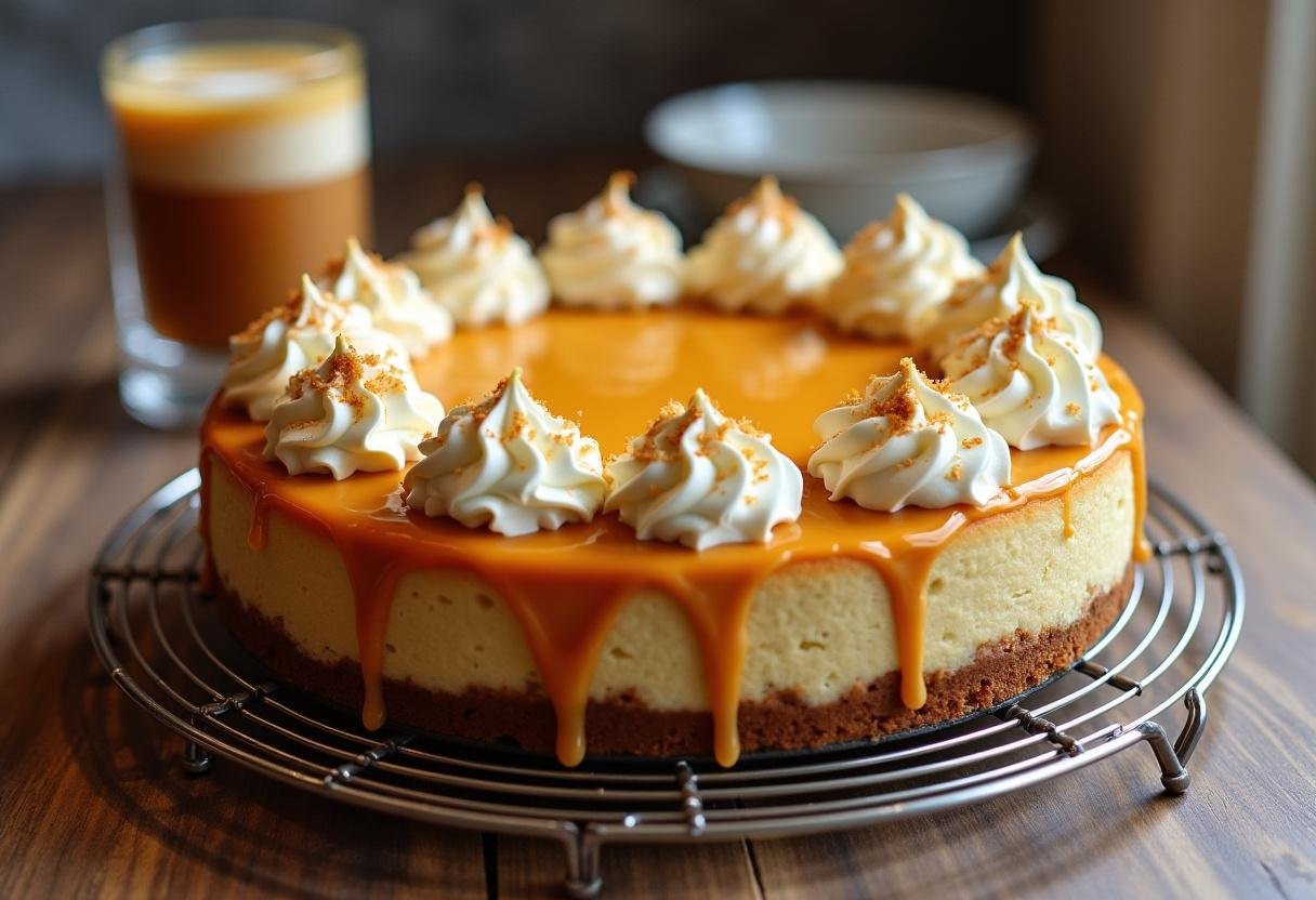 Cooling the Enchanted Harry Potter Butterbeer Cheesecake topped with butterscotch and whipped cream.