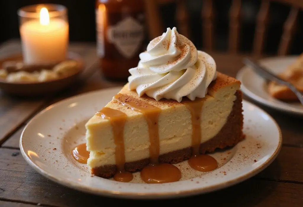 Final presentation of Enchanted Harry Potter Spiced Butterbeer Cheesecake slice garnished with whipped cream, caramel, and cinnamon on a rustic table for an enchanting dessert experience.