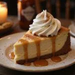 Final presentation of Enchanted Harry Potter Spiced Butterbeer Cheesecake slice garnished with whipped cream, caramel, and cinnamon on a rustic table for an enchanting dessert experience.