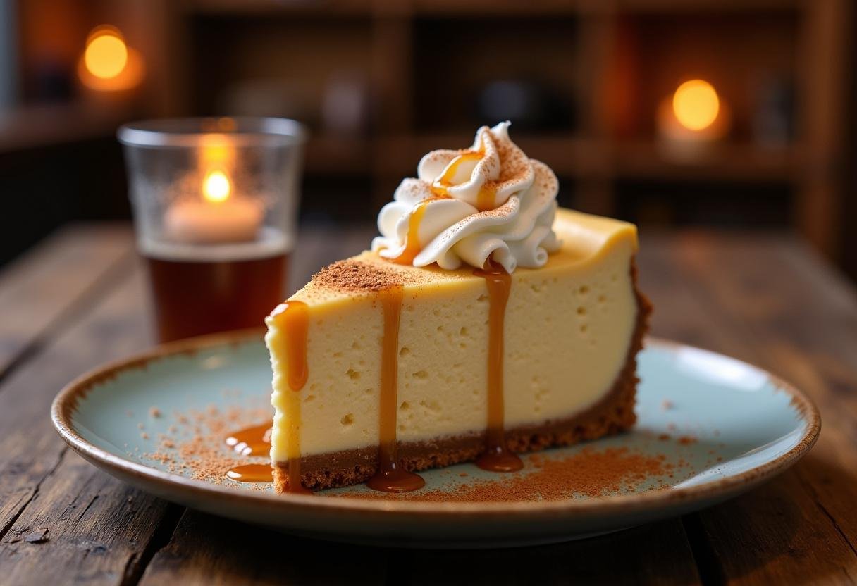 Final presentation of Enchanted Harry Potter Spiced Butterbeer Cheesecake slice garnished with whipped cream, caramel, and cinnamon on a rustic table for an enchanting dessert experience.