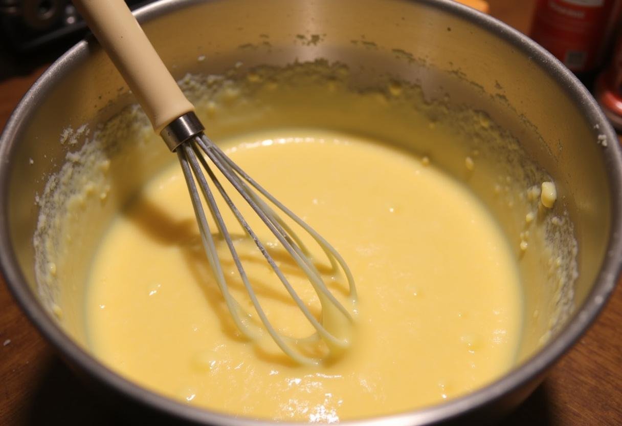 Mixing the creamy filling for Enchanted Harry Potter Spiced Butterbeer Cheesecake in a cozy kitchen with warm lighting and inviting colors.