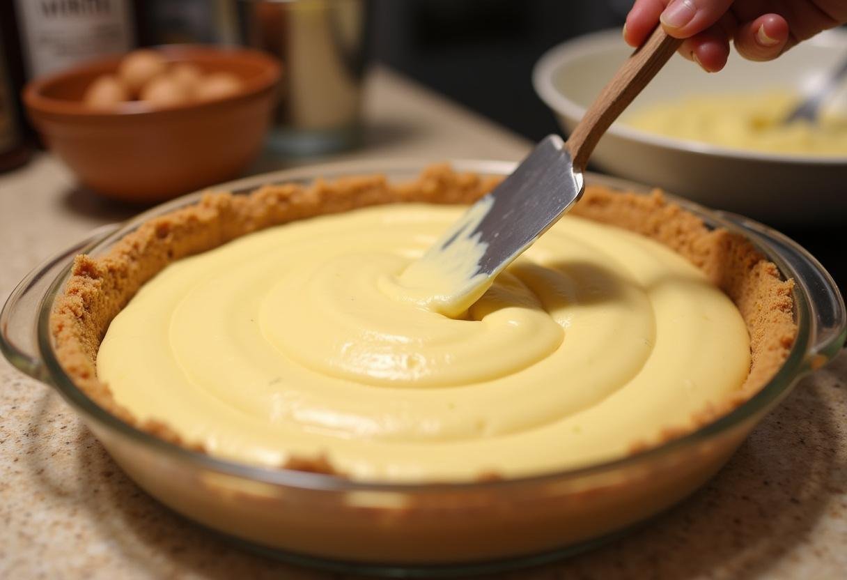 Filling a graham cracker crust with creamy mixture for Enchanted Harry Potter Spiced Butterbeer Cheesecake on a kitchen counter surrounded by baking tools.