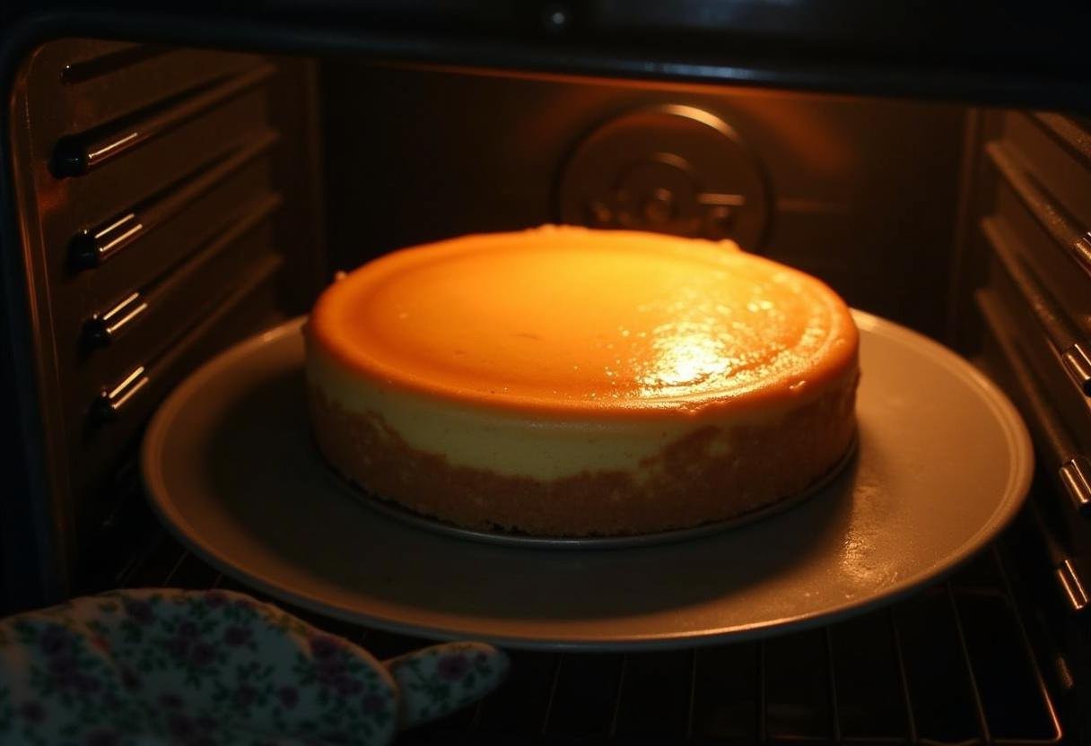 Baking the Enchanted Harry Potter Spiced Butterbeer Cheesecake in the oven, with a golden top and inviting aroma filling the kitchen.