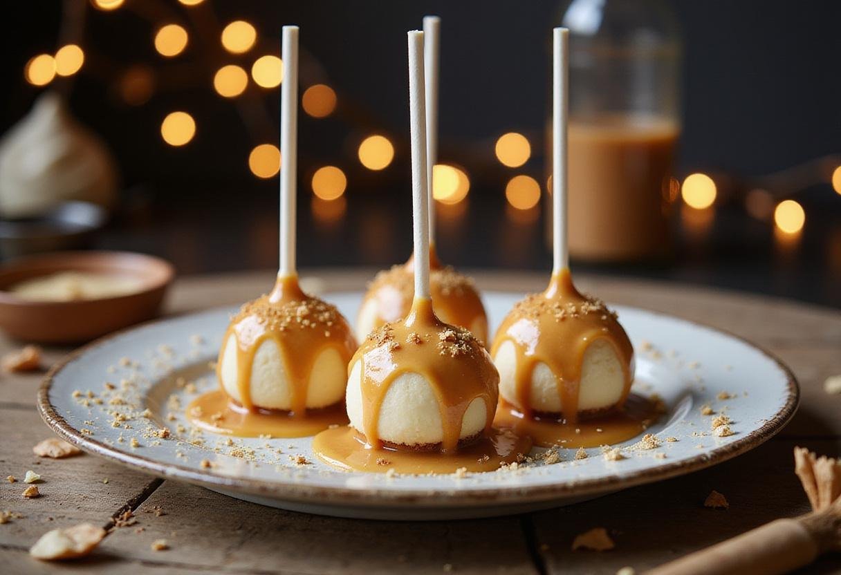 Deliciously crafted Enchanted Hogwarts Butterbeer Cheesecake Pops with chocolate drizzle, presented in a magical and inviting setting.