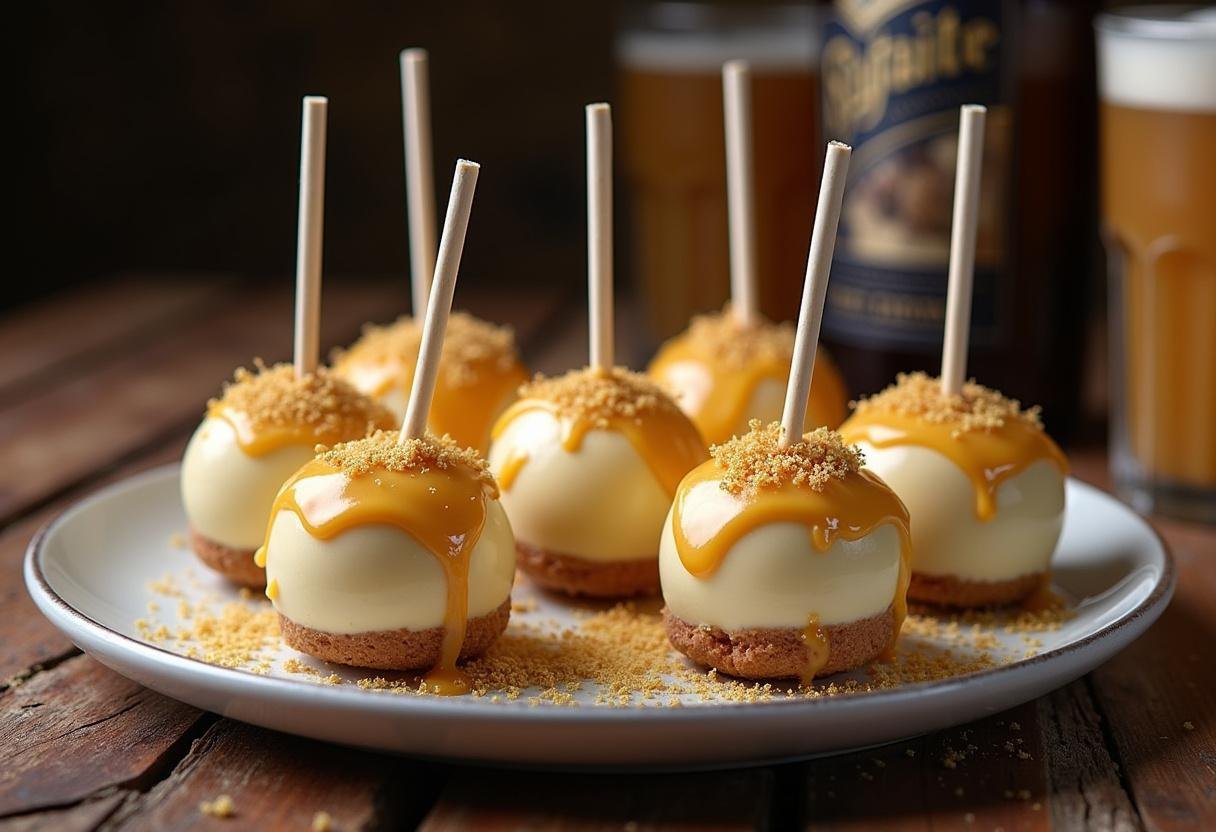 Deliciously crafted Enchanted Hogwarts Butterbeer Cheesecake Pops with chocolate drizzle, presented in a magical and inviting setting.