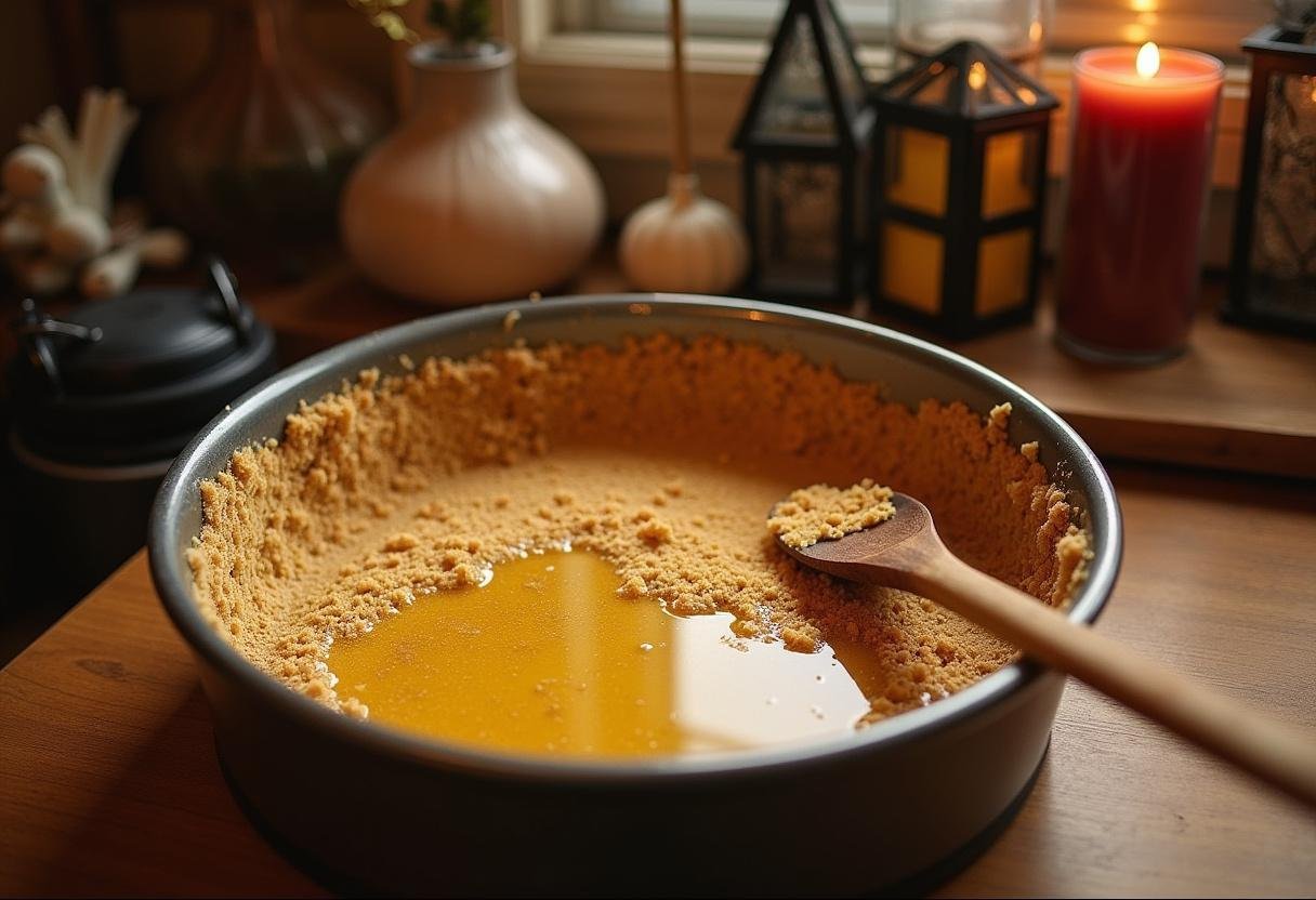 Preparing the graham cracker crust for Enchanted Hogwarts Butterbeer Cheesecake Pops, featuring a cozy kitchen atmosphere.