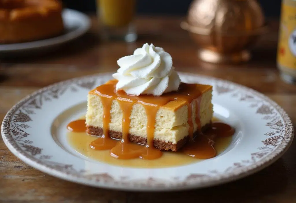 Final presentation of Enchanted Hufflepuff Butterbeer Cheesecake Bars with Butterscotch Infusion, showcasing a dessert decorated with sauce and whipped cream.