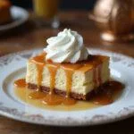 Final presentation of Enchanted Hufflepuff Butterbeer Cheesecake Bars with Butterscotch Infusion, showcasing a dessert decorated with sauce and whipped cream.
