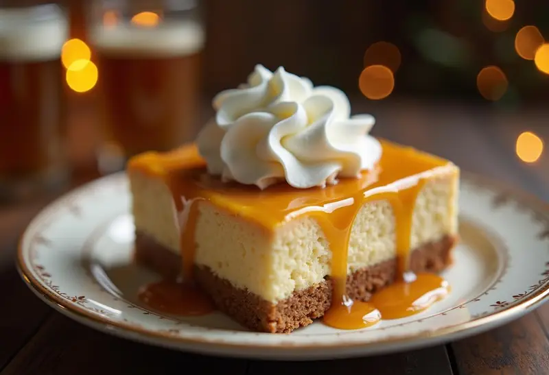 Final presentation of Enchanted Hufflepuff Butterbeer Cheesecake Bars with Butterscotch Infusion, showcasing a dessert decorated with sauce and whipped cream.