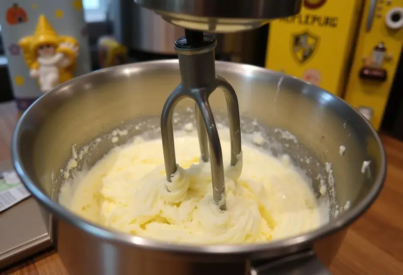 Mixing cream cheese and sugar for Enchanted Hufflepuff Butterbeer Cheesecake Bars preparation, showcasing a whimsical Hufflepuff kitchen ambiance.