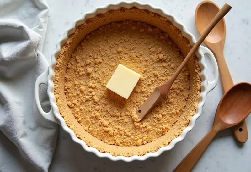 Creating the graham cracker crust for Enchanted Hufflepuff Butterbeer Cheesecake Bars, featuring kitchen tools in a well-organized cooking space.