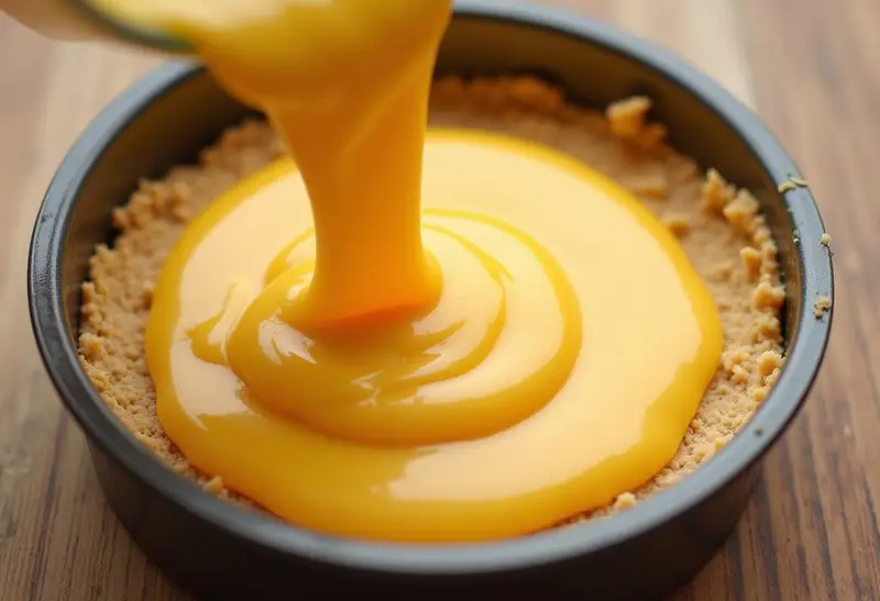 Pouring the butterscotch-infused cheesecake layer for Enchanted Hufflepuff Butterbeer Cheesecake Bars, emphasizing the rich, creamy mixture.