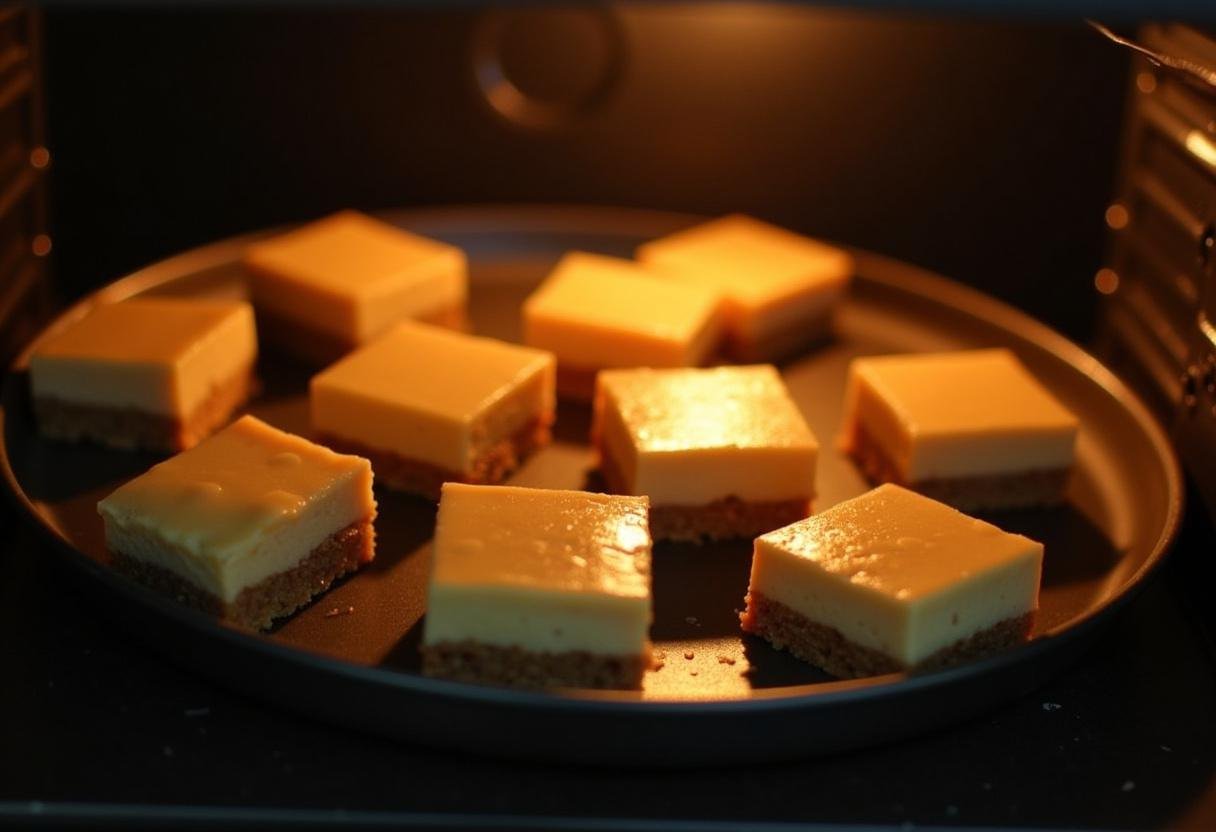 Baking the Enchanted Hufflepuff Butterbeer Cheesecake Bars in the oven, illustrating the process of creating a delightful dessert infused with butterscotch.