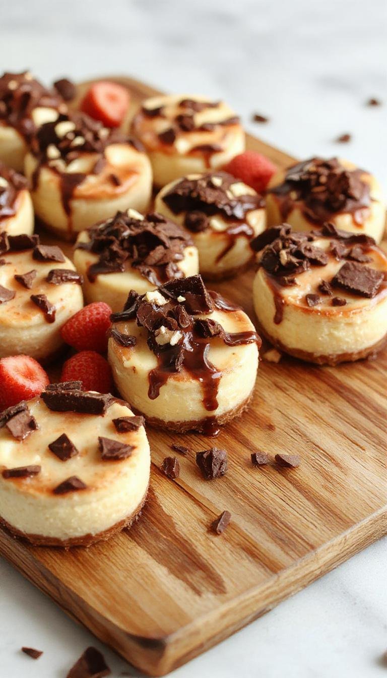 A colorful Epic Mini Cheesecake Board featuring various mini cheesecakes topped with fruits, sauces, and sprinkles, arranged artfully on a wooden platter.