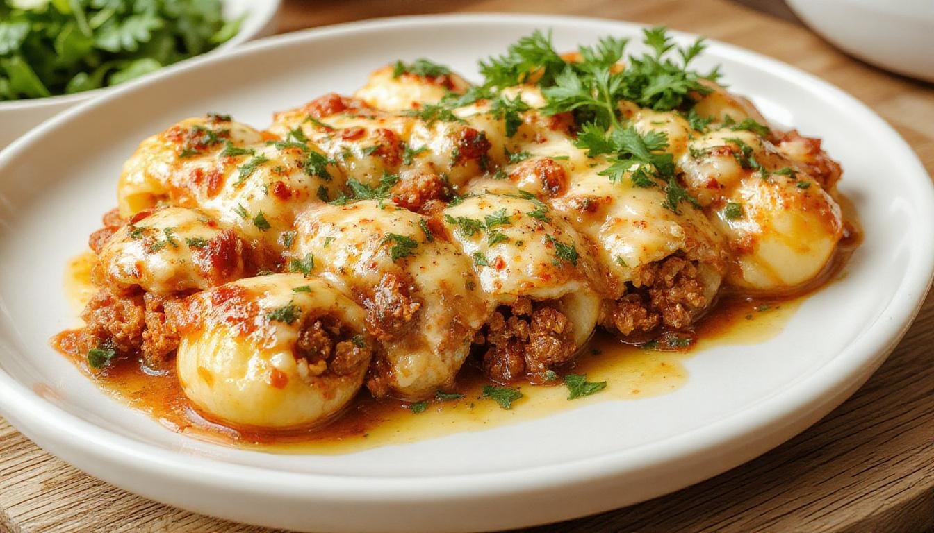 A close-up of large pasta shells filled with a creamy cheese and ground beef mixture, topped with melted golden cheese, arranged neatly on a white plate garnished with fresh herbs.
