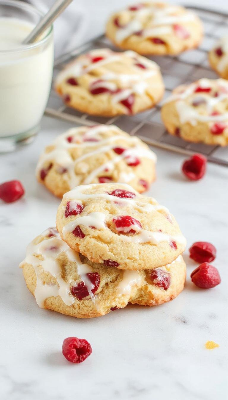 A plate of Festive Cranberry Orange Cookies showcasing vibrant red cranberries and orange zest on topped with powdered sugar, perfect for holiday celebrations.