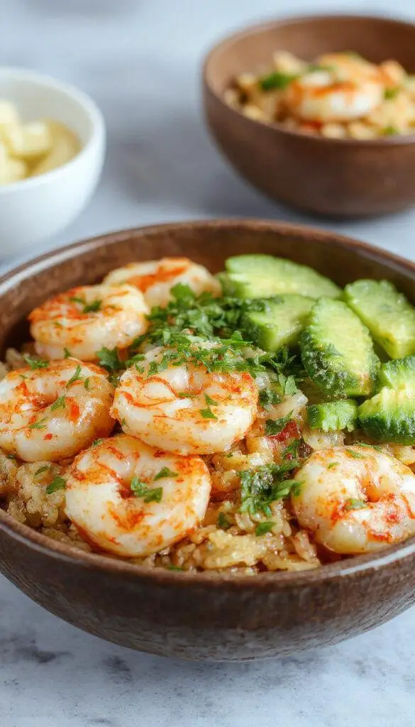 A vibrant Fiesta Shrimp Rice Bowl featuring grilled shrimp, colorful vegetables, and fresh herbs served in a bowl