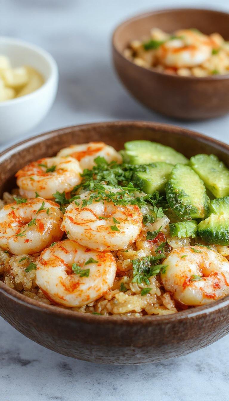 A vibrant Fiesta Shrimp Rice Bowl featuring grilled shrimp, colorful vegetables, and fresh herbs served in a bowl