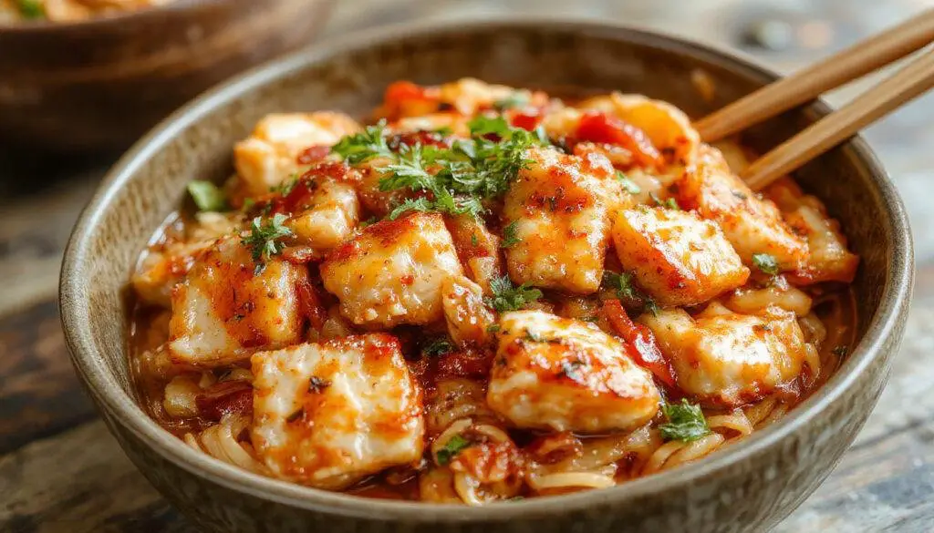 A vibrant bowl of chicken ramen stir fry featuring tender sliced chicken, rich broth, curly ramen noodles, colorful vegetables like green onions and bell peppers, garnished with sesame seeds and fresh herbs, all arranged on a rustic wooden surface with chopsticks.