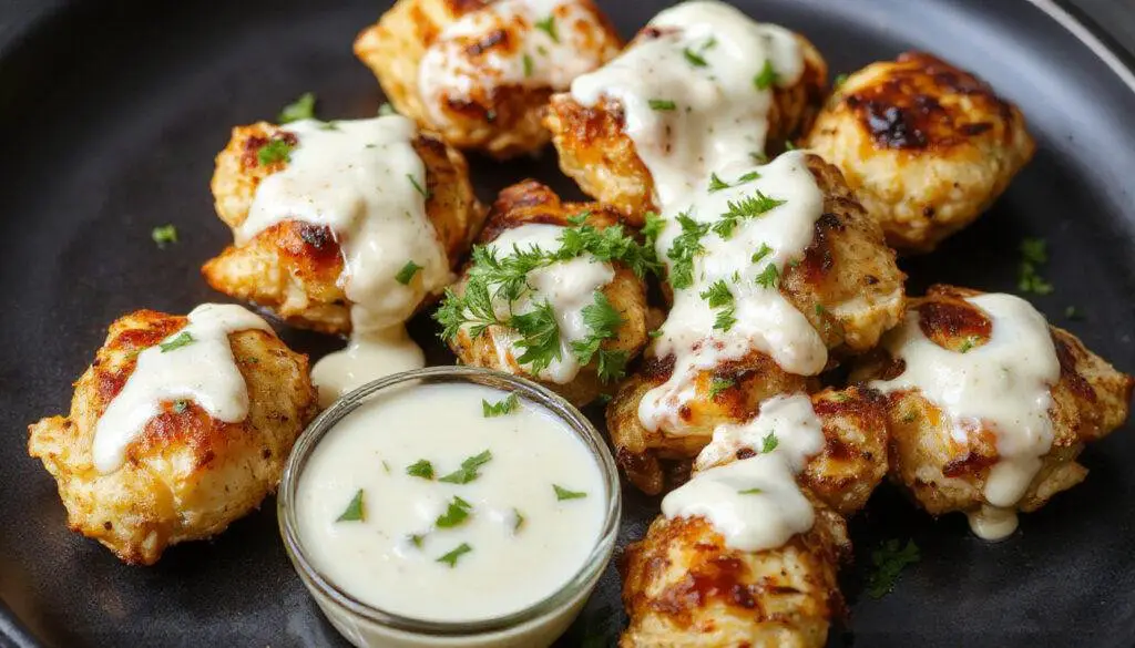 A close-up of golden-brown grilled chicken bites arranged on a rustic wooden platter, drizzled with a smooth, creamy garlic sauce and garnished with fresh herbs, with a side of vibrant vegetable salad in the background.