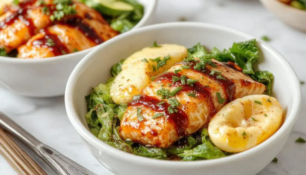 A vibrant salmon bowl featuring a perfectly glazed, flaky salmon fillet draped with shiny teriyaki sauce. It is nestled on a bed of fluffy white rice, garnished with bright green sliced scallions and sesame seeds. Juicy cherry tomatoes and crisp steamed broccoli surround the salmon, adding bursts of color and texture to the dish. The bowl is presented on a rustic wooden table, with natural lighting highlighting the glossy glaze and fresh ingredients.