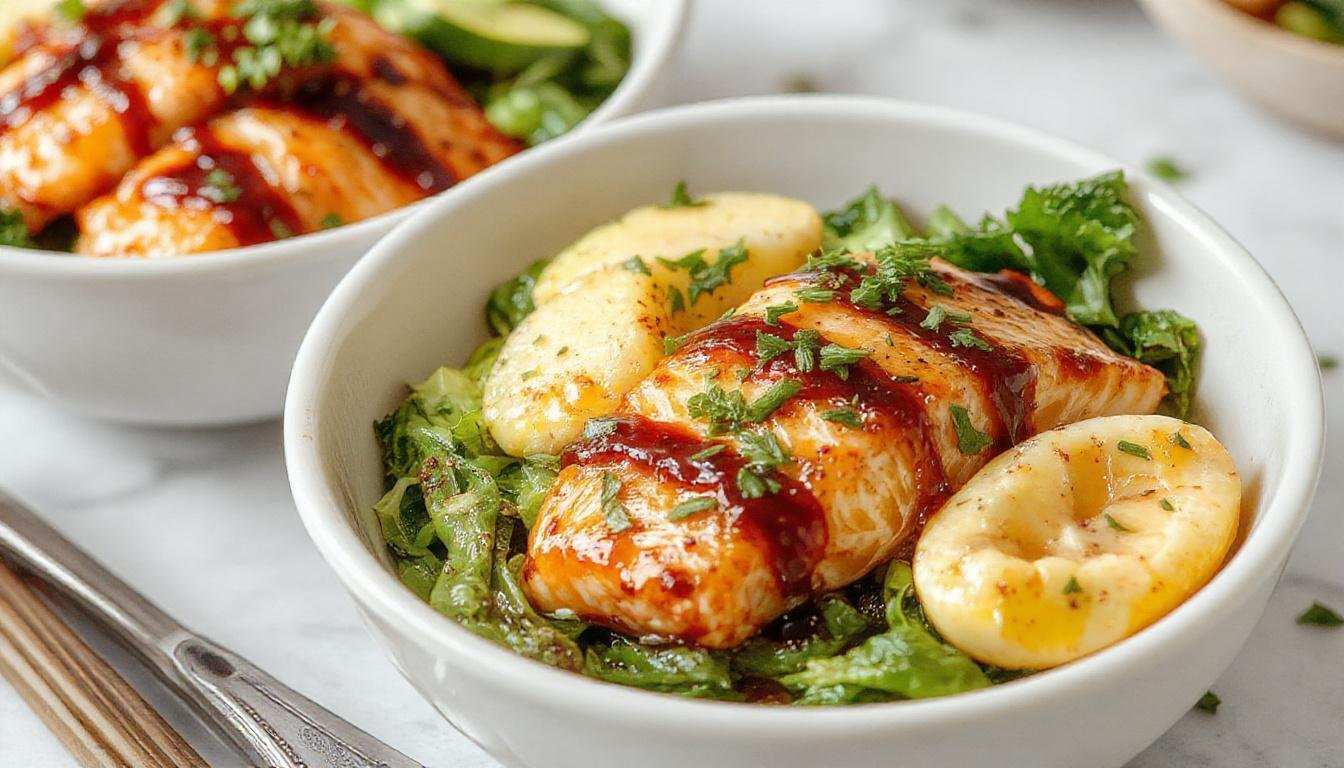 A vibrant salmon bowl featuring a perfectly glazed, flaky salmon fillet draped with shiny teriyaki sauce. It is nestled on a bed of fluffy white rice, garnished with bright green sliced scallions and sesame seeds. Juicy cherry tomatoes and crisp steamed broccoli surround the salmon, adding bursts of color and texture to the dish. The bowl is presented on a rustic wooden table, with natural lighting highlighting the glossy glaze and fresh ingredients.