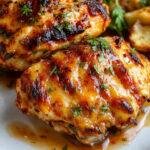 Juicy Vietnamese grilled chicken with smoky char marks, garnished with fresh herbs and served with a side of dipping sauce.