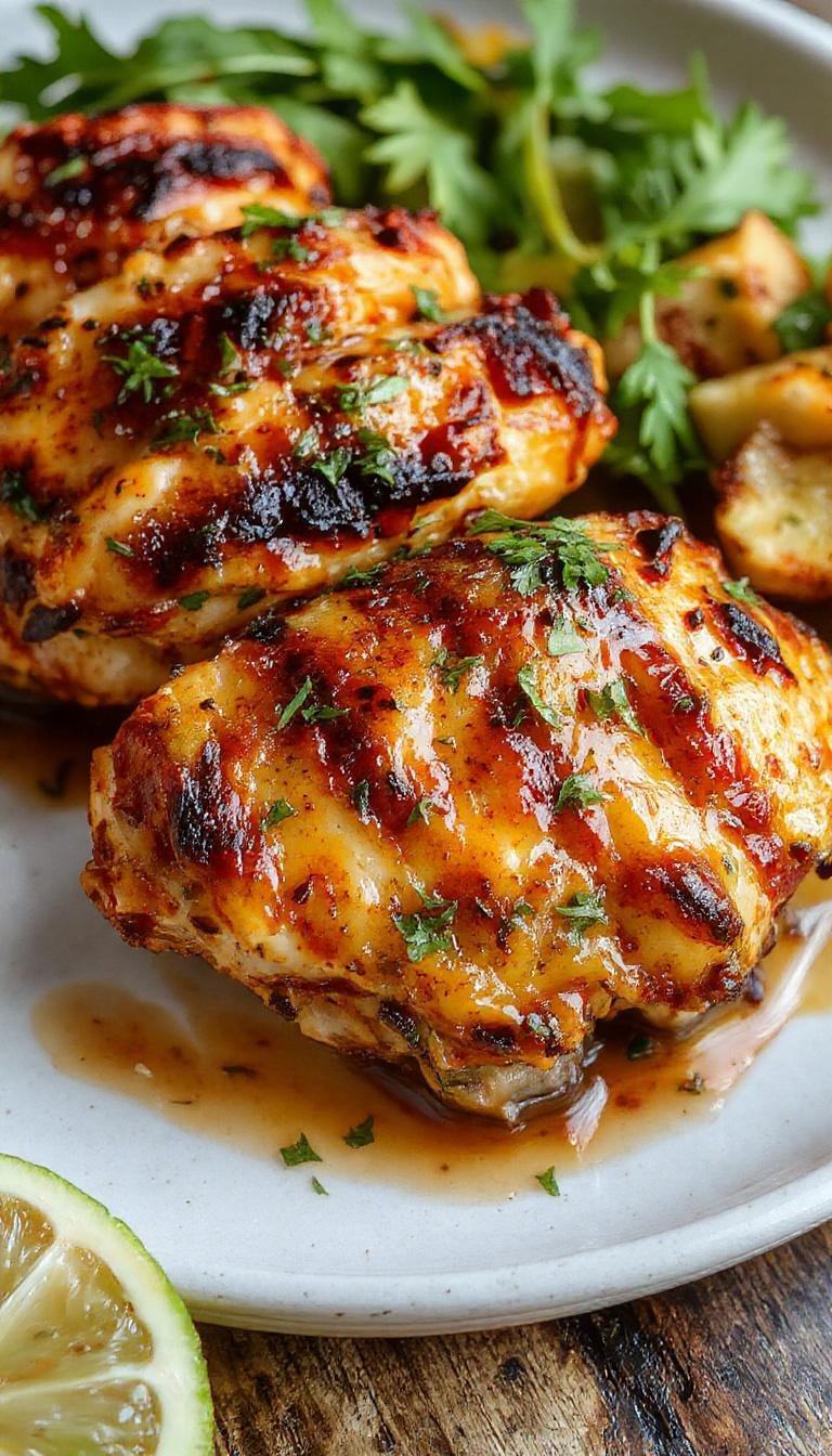 Juicy Vietnamese grilled chicken with smoky char marks, garnished with fresh herbs and served with a side of dipping sauce.