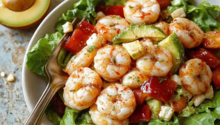 A vibrant citrus shrimp salad served in a white bowl, featuring plump pink shrimp, slices of bright orange and yellow citrus, ripe avocado chunks, and fresh green herbs. The dish is garnished with a drizzle of dressing, presenting a colorful and appetizing meal with textures of juicy citrus, tender shrimp, creamy avocado, and crisp greens.