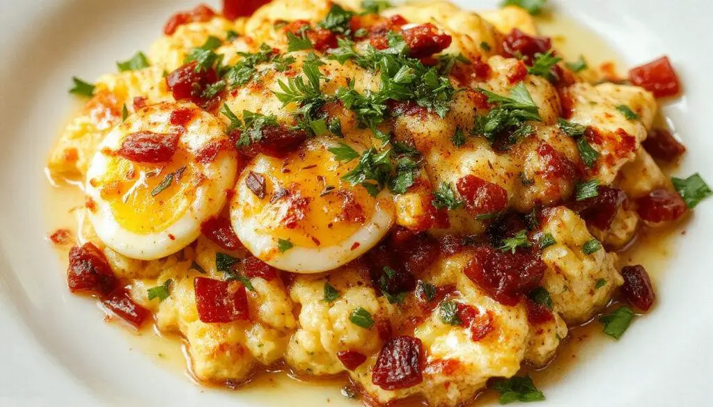 A close-up of a white plate featuring vibrant scramble eggs mixed with diced tomatoes, olives, spinach, and crumbled feta cheese. The eggs are fluffy and golden, with colorful ingredients evenly distributed, garnished with fresh herbs, and presented in a rustic setting with a wooden spoon beside the plate.