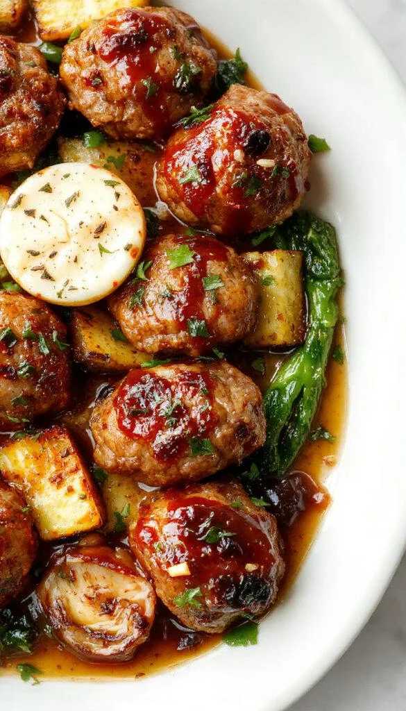 A plate of glazed Korean BBQ meatballs arranged neatly alongside roasted colorful vegetables including carrots, zucchini, and bell peppers. The meatballs have a glossy, caramelized surface with a rich brown color, garnished with sesame seeds and chopped green onions. The vegetables are roasted to perfection with slight charring, adding vibrant hues of orange, green, and purple, all presented on a rustic white plate on a wooden table.