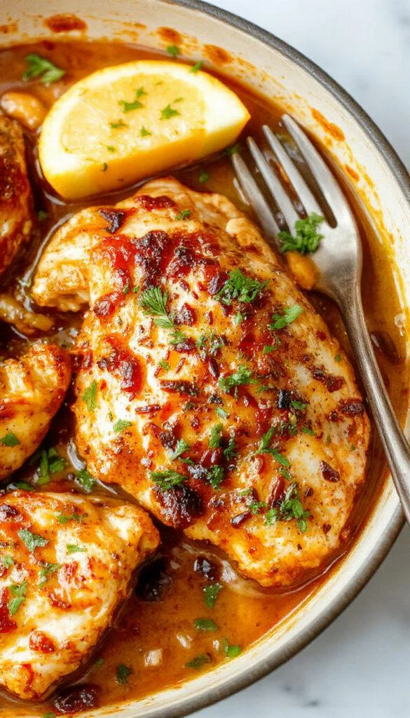 A rustic one-pot Moroccan chicken dish featuring tender chicken pieces surrounded by vibrant yellow and orange spices, garnished with fresh herbs and served in a deep, earthenware pot. The dish displays a rich, aromatic sauce with visible chunks of vegetables and spices, creating an inviting and colorful presentation.