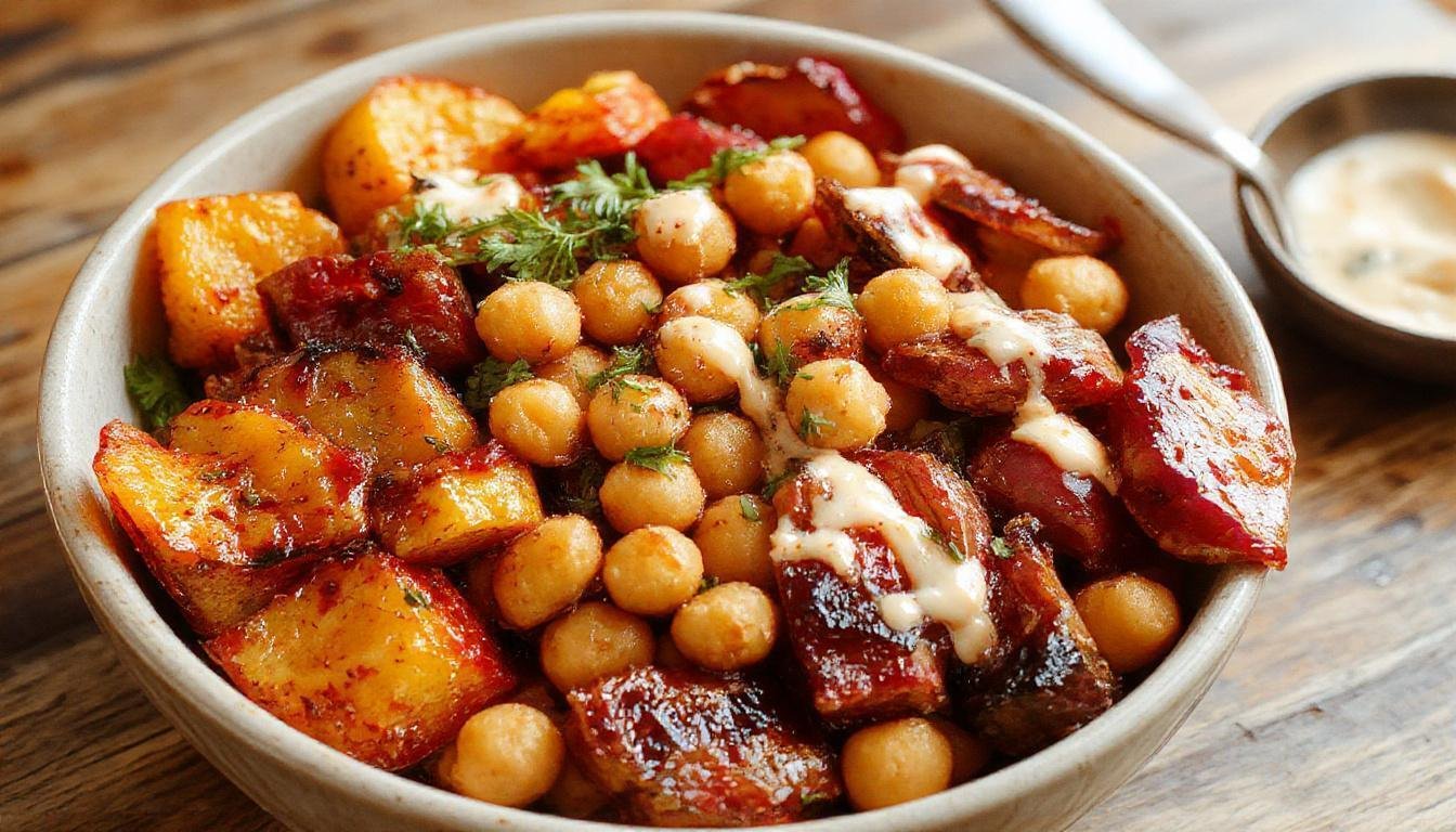 Colorful roasted vegetable and chickpea bowl featuring roasted red peppers, zucchini, chickpeas, and cherry tomatoes, drizzled with creamy tahini dressing, presented in a white ceramic bowl on a rustic wooden table. The vegetables have a slight char, enhancing their vibrant hues, garnished with fresh herbs for added freshness.