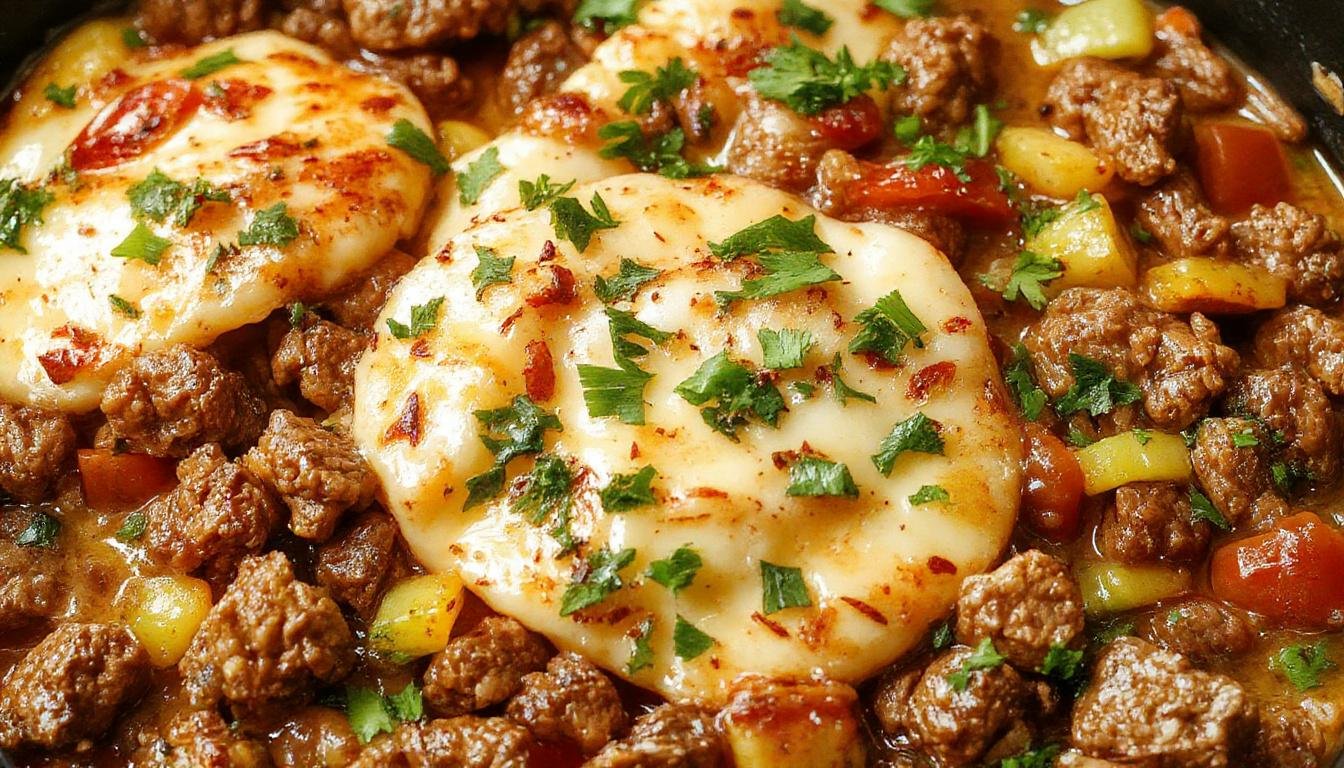 A vibrant skillet dish featuring spiced ground beef topped with colorful bell peppers, corn, black beans, and melted cheese. The skillet is garnished with fresh cilantro and lime wedges, with the ingredients beautifully sizzling and arranged in an appetizing, rustic presentation.